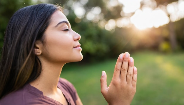 Hands in prayer open in respect against serene nature backdrop