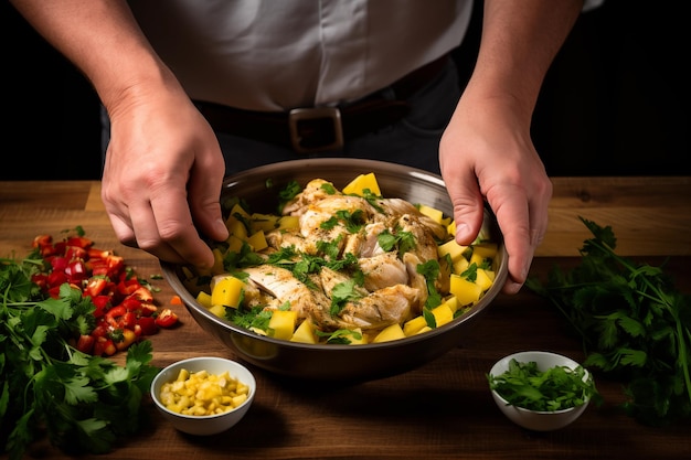 Hands preparing Chicken and Pineapple Salad