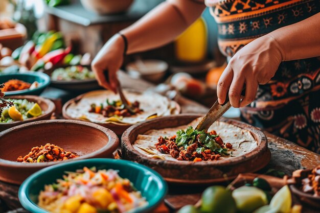 Photo hands preparing tasty mexican food