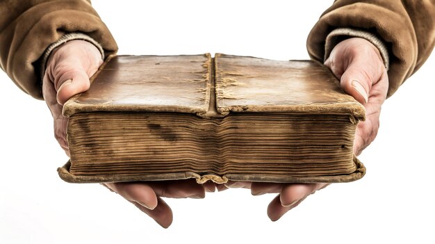 Руки, представляющие древнюю изношенную книгу с пожелтыми страницами