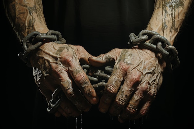 Photo hands of a prisoner tied with a chain on a black background