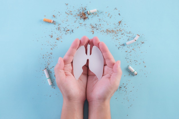 Hands protect lungs from cigarette on light blue wall. Stop smoking. World No Tobacco Day.