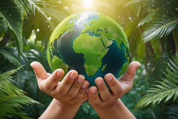 Hands protecting globe of green tree on tropical nature summer background Ecology and Environment co