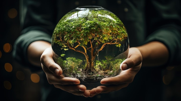 Hands protecting globe of green tree on tropical nature summer background generative ai