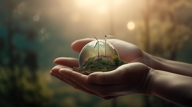 Hands protecting globe of green tree on tropical nature summer background Generative Ai