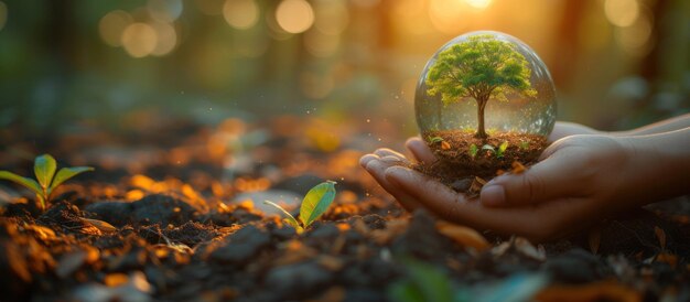 Hands protecting globe of green tree