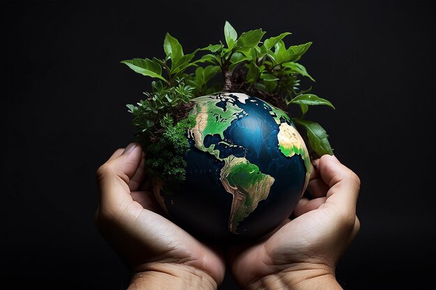 Foto mani che proteggono un piccolo albero in crescita e globo del pianeta terra su sfondo nero