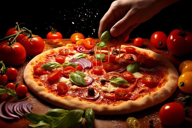 Hands Putting Toppings on Pizza