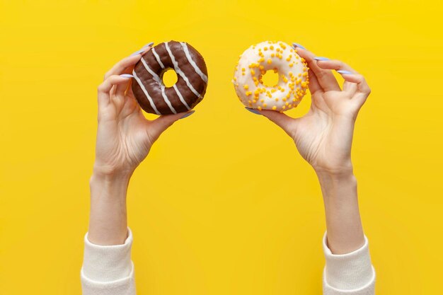 Hands raise and hold two different sweet donuts on yellow isolated background