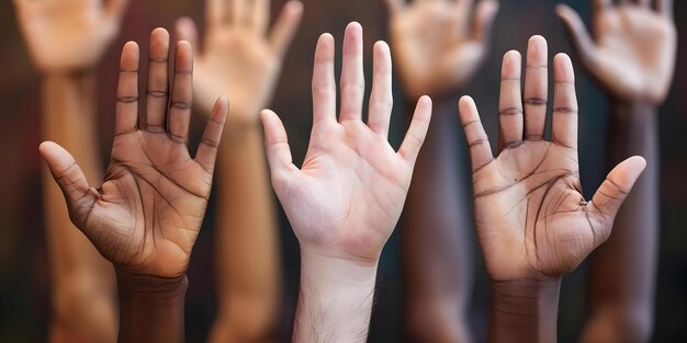 Photo hands raised in unity against racism and discrimination a closeup view concept unity antiracism closeup shot discrimination social justice