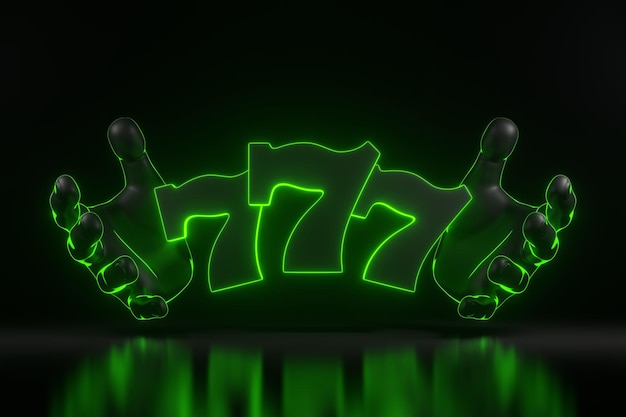 Hands reach out to three lucky sevens with neon green lights on black background Casino symbol 3D