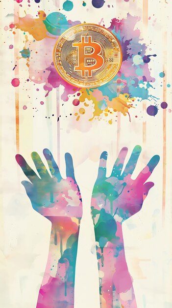 Hands Reaching Out for Bitcoin on a Watercolor Paper Textur Illustration cryptocurrency Backgrounde