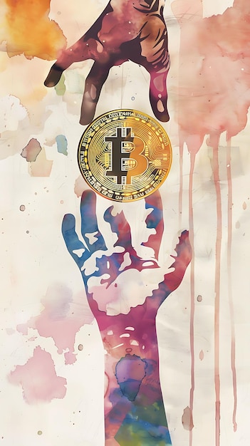 Photo hands reaching out for bitcoin on a watercolor paper textur illustration cryptocurrency backgrounde