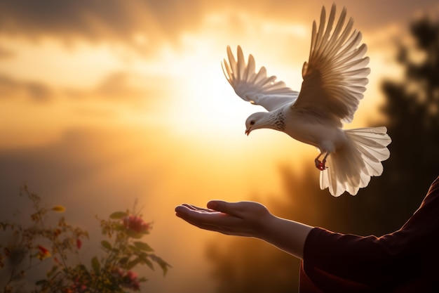 Photo hands reaching out to a dove flying out international peace day concept