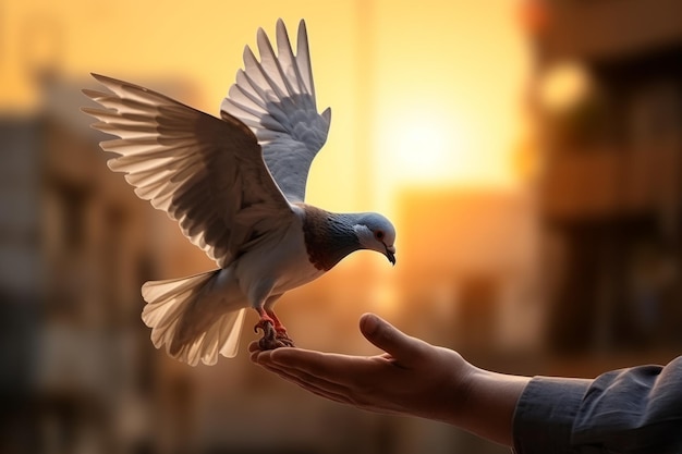 Hands reaching out to a dove flying out international peace day concept