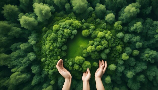 Photo hands reaching out to the green pond with trees in the background