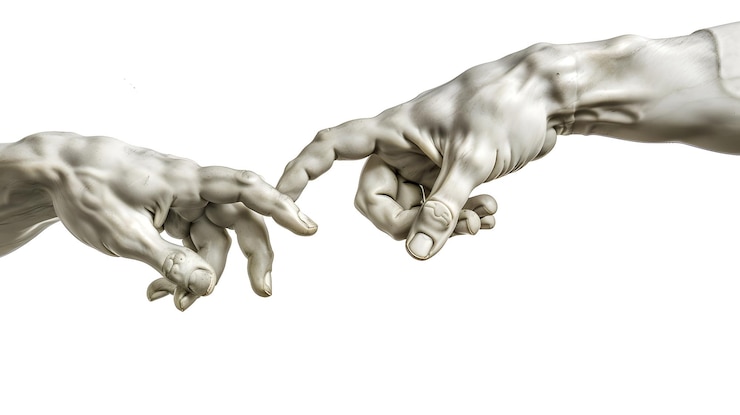 Photo hands reaching out to help or give two male hands trying to touch like in the creati generative ai