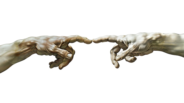 Photo hands reaching out to help or give two male hands trying to touch like in the creati generative ai