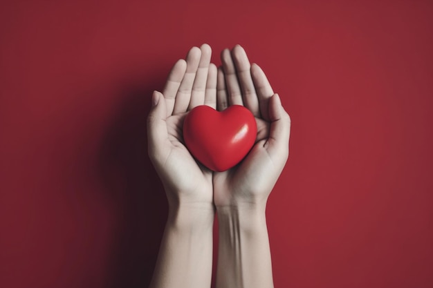 A hands and red heart with a red background