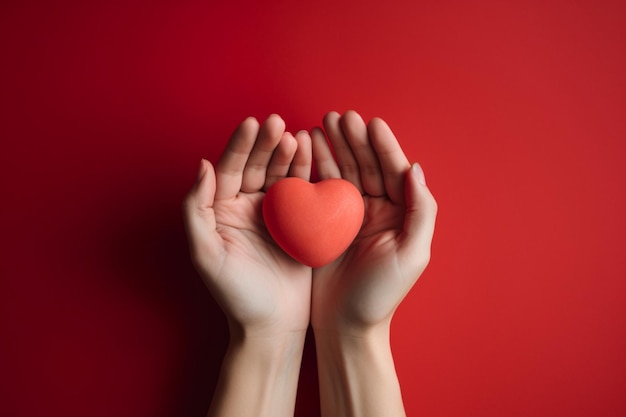 A hands and red heart with a white background