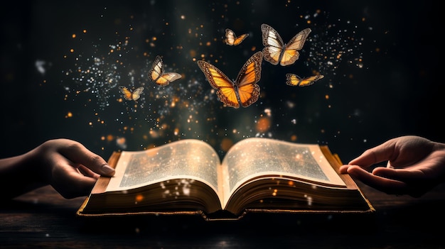 Photo hands releasing a butterfly from an open book symbolizing the liberation of knowledge and ideas