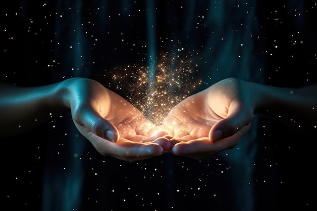 Hands releasing glowing dust into the night sky symbolizing hope and dreams