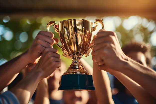 Foto le mani alzano il trofeo