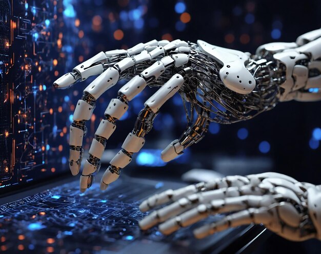 Hands of robot on big data network connection background