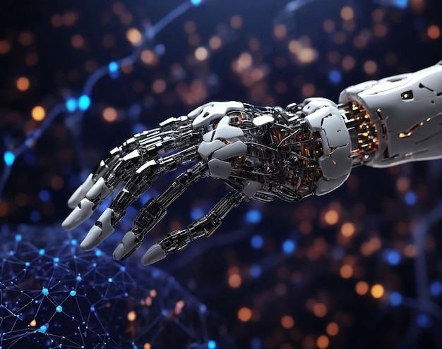 Hands of robot on big data network connection background