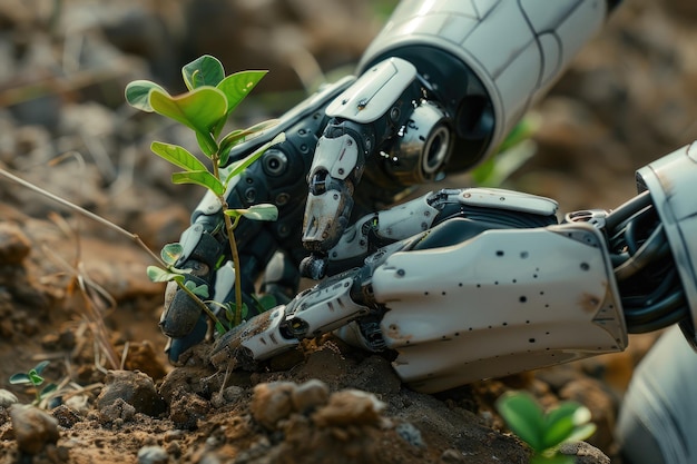 The hands of a robot carefully planting a young plant