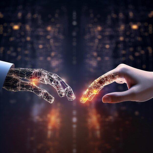 Hands of robot and human touching big data of global network connection