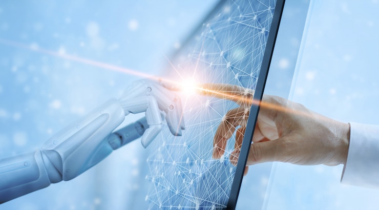 Photo hands of robot and human touching on global virtual network connection future interface. 