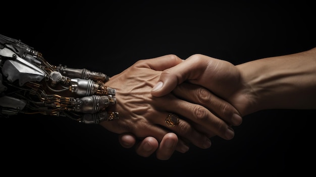 Hands of a robot and a man tend to one another Generative AI