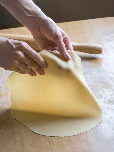 Hands roll out the thin dough.