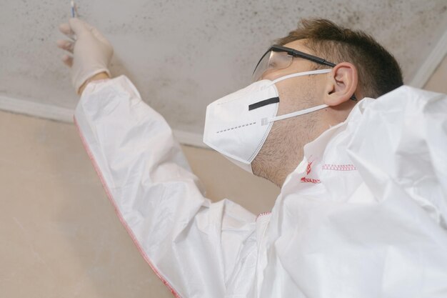 The hands of a scientist in medical white gloves put mold into a test tube Observing and experimenting with mold in a science laboratory Mold cleaning