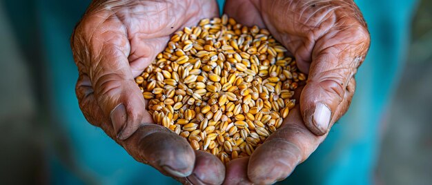 Hands of a senior farmer holding and examining wheat grains