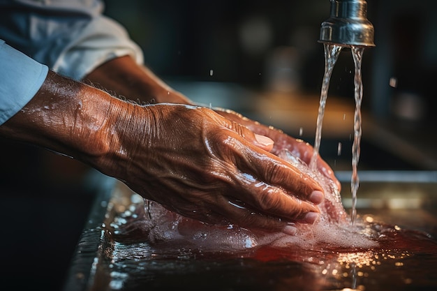 Руки пожилого мужчины моют руки в раковине с пеной Generative AI