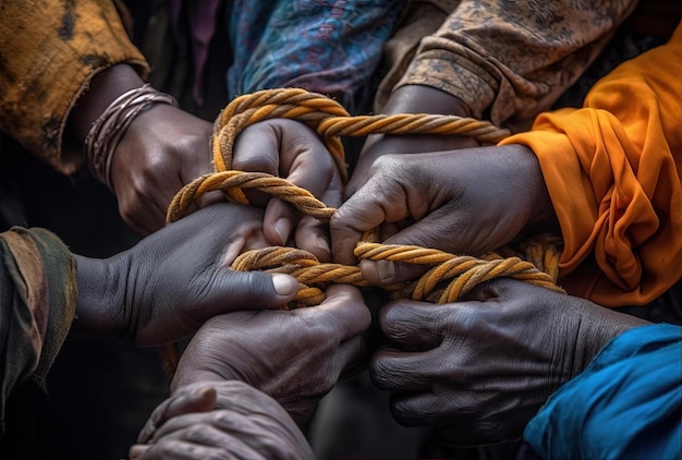 hands of several people together holding a rope in the style of indigenous culture