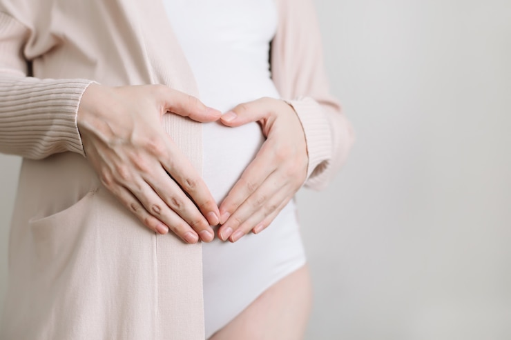 Photo 妊娠中の女性の腹にハートの形をした手