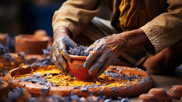 Photo hands shaping a clay pot pottery generative ai