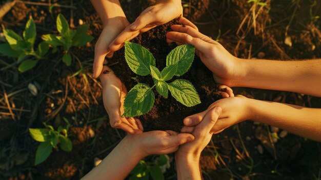 Photo hands showing different plants on green background flat lay