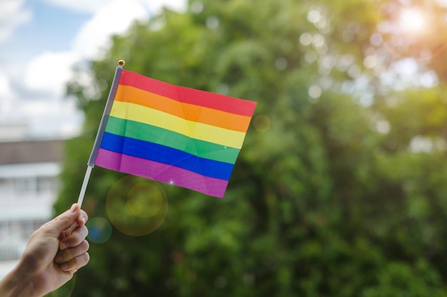 Руки, показывающие радужный флаг ЛГБТК на фоне зеленой природы, поддерживают сообщество лесбиянок, геев, бисексуалов, трансгендеров и квир и концепцию месяца гордости
