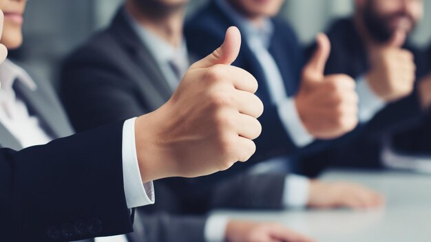 Hands showing thumbs up with business men endorsing giving approval or saying thank you as a team