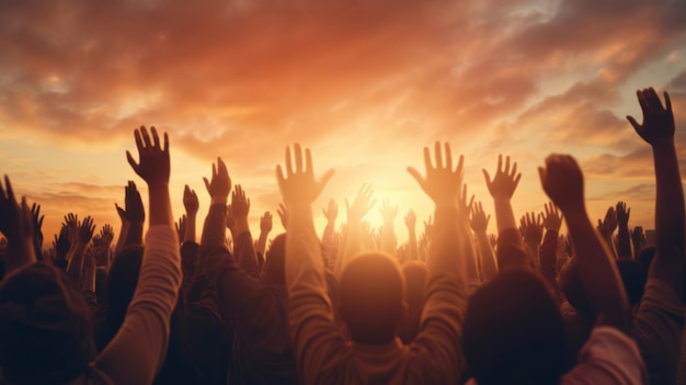 写真 夕焼け空を背景に神を崇拝するために上げられた群衆の手のシルエット