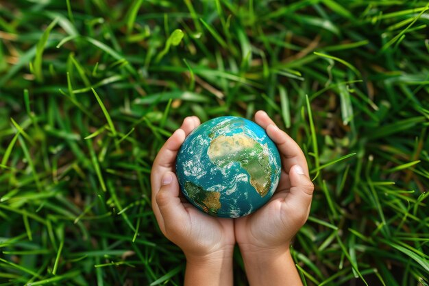 Photo the hands of a small child with a globe on a background of grass