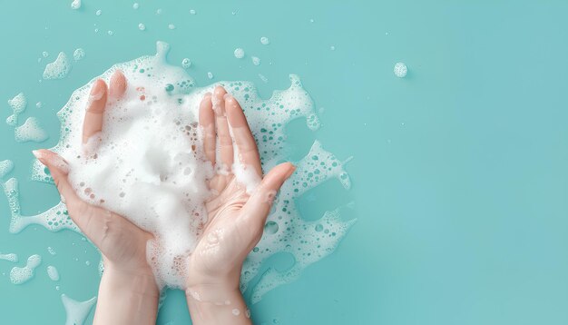 Hands in soap foam on light blue background