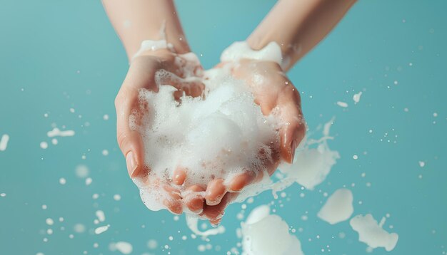 Hands in soap foam on light blue background