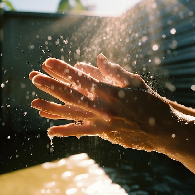 水のスプラッシュの手 鮮やかな太陽の光が手に照らす 夏の背景