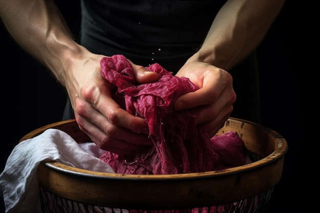 Photo hands squeezing beet juice through a cheesecloth for straining