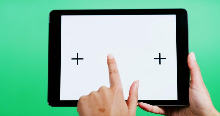 Photo hands tablet and blank screen in studio with click mock up space or ui on green background person tech and user experience with scroll point or display for interactive application with marketing